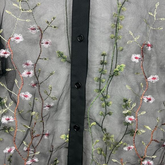 Sheer Mesh Black Embroidered Floral Top Women M Whimsigoth Dark Romantic Y2K 90s - Picture 3 of 13